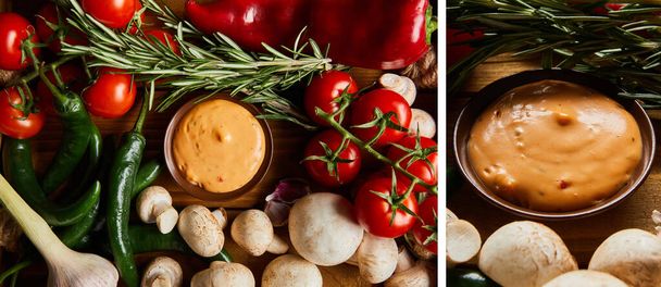 collage van heerlijke saus in kom bij verse rijpe groenten  - Foto, afbeelding