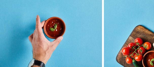 коллаж мужской руки с вкусным томатным соусом в миске и соусом на деревянной доске с помидорами на синем фоне
 - Фото, изображение
