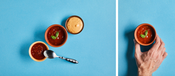 collage of delicious sauces in bowls with spoon and male hand with sauce on blue background - Zdjęcie, obraz
