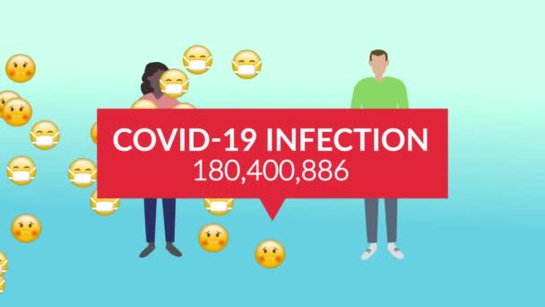Animation of a speech bubble with Covid-19 Infection number rising over two people, keeping distance from each other over emojis floating on blue background - Imágenes, Vídeo