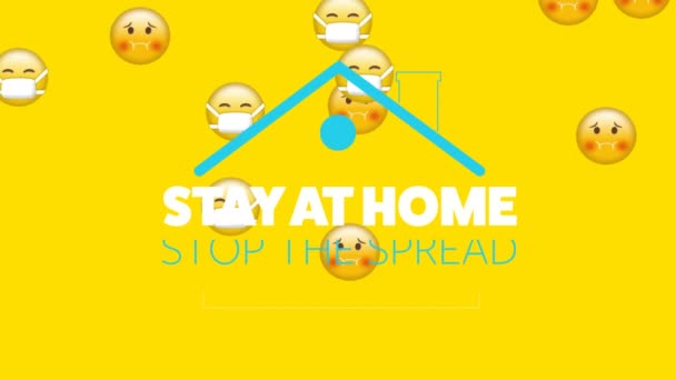 Animation of a social distancing message under a blue roof over emojis floating on yellow background digital composition - Кадри, відео
