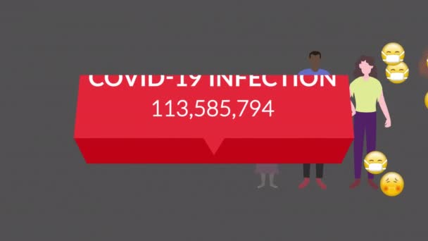 Animation of a speech bubble with Covid-19 Infection number rising with group of people and a cloud of Coronavirus, one person vanishing over emojis floating on grey background digital composition - Imágenes, Vídeo