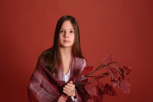 brunette girl in the studio on a red background with autumn leaves in hands - Valokuva, kuva