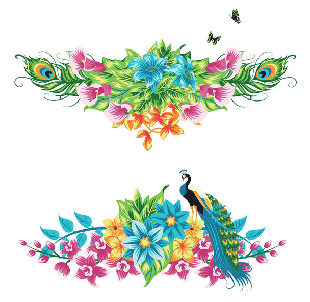 Summer tropical isolated frame decoration with peacock, palm leaves and flowers. Vector floral background. - Wektor, obraz