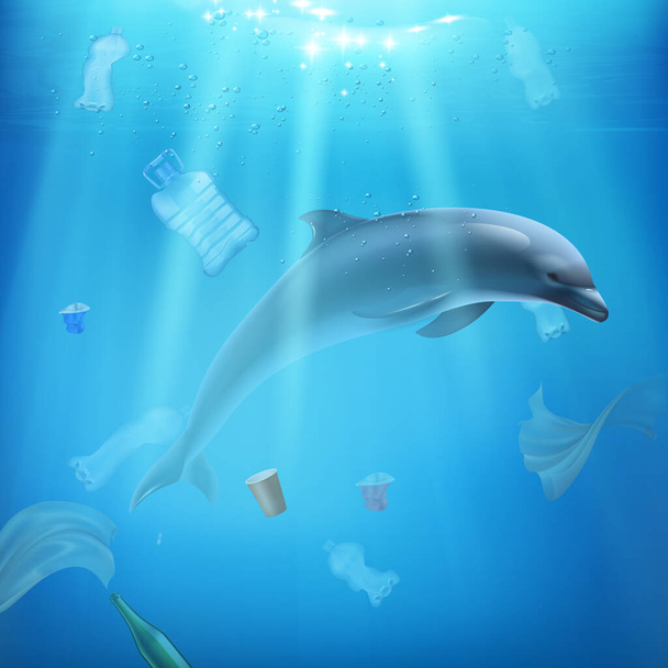 Дельфін і забруднення в морській реалістичній композиції - Вектор, зображення