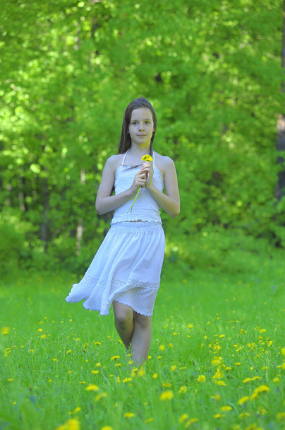 young brunette girl in a white blouse and a skirt in a clearing with dandelions - Photo, image
