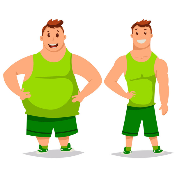 Dicker und schlanker Mann vor und nach der Gewichtsabnahme. Ernährung und Fitness. Zeichentrickvektorillustration isoliert auf weißem Hintergrund. - Vektor, Bild