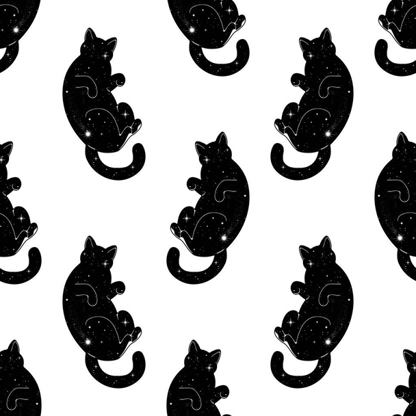 Seamless pattern with cute black space cats. Texture for wallpapers, stationery, fabric, wrap, web page backgrounds, vector illustration - Vector, Imagen