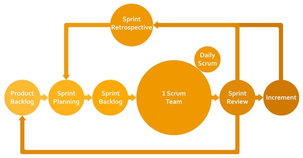 Scrum Framework Methodologie Life Cycle Flat Diagram Schema Infografiken mit Rückstau, Sprint, Planung, Überprüfung, Inkrement und Retrospektive. - Vektor, Bild