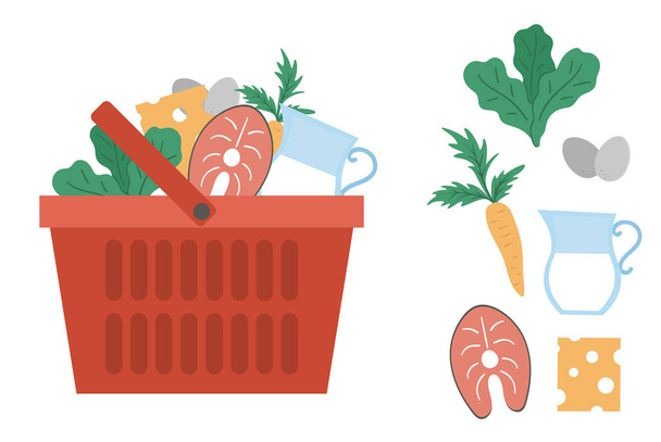 Beyaz arkaplanda izole edilmiş ürün simgesi olan kırmızı vektör alışveriş sepeti. Sebzeli, balıklı, süt ürünlü plastik market arabası. Sağlıklı besin çizelgesi - Vektör, Görsel
