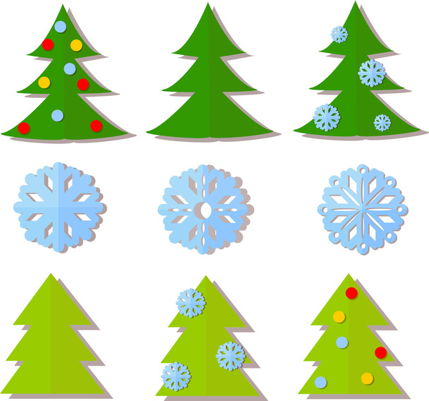Paper Christmas trees, snowflakes - Vector, imagen