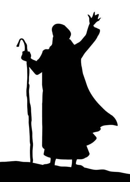 Starožitný izraelský muž zákona vůdce rabín paže nahoru štáb gesto stojan znak ikona logo. Vintage art graphic line skica cartoon sky story. Bílé asijské saudi východ lidský župan šaty kostým kultura pohled - Vektor, obrázek