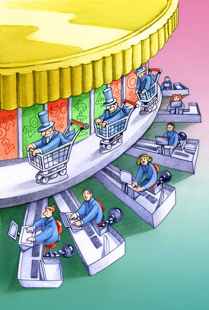 carrousel met rijke mensen paardrijden winkelwagentjes wordt gesponnen door cash werknemers geketend aan de kratten - Foto, afbeelding