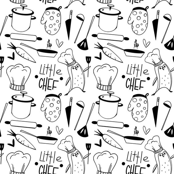 Carino modello di cucina fatta di strumenti e utensili con un pinguino. Doodle contorno arte su uno sfondo bianco. Stampa per tessuti, cancelleria, uffici, striscioni, carta da regalo, manifesti, carte
. - Foto, immagini