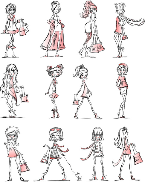 Cartoon fashionable girls - Vector, imagen