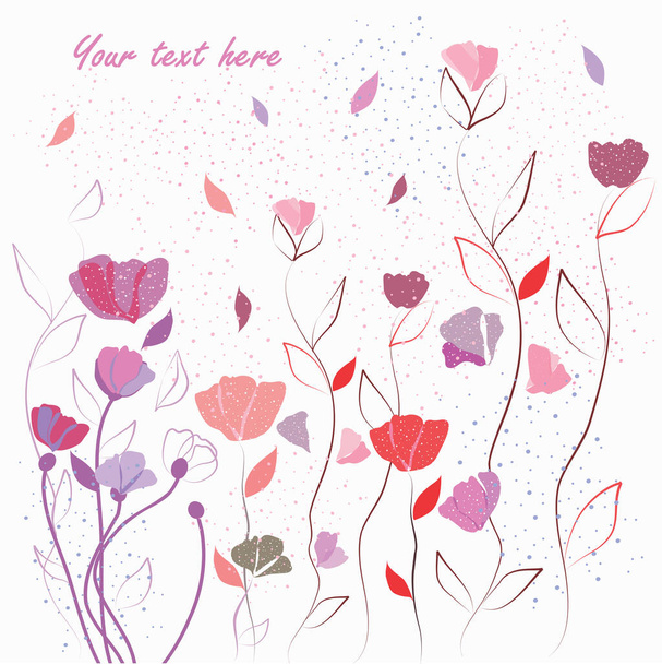 Vektorbild mit bunten Blumen und lila Zeichen auf weißem Hintergrund. Feiertagsflorale Karte  - Vektor, Bild