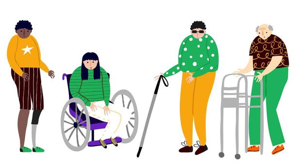 Colección de personas con discapacidad física aisladas en blanco. Ceguera, anciano mayor con andador, mujer en silla de ruedas, pierna protésica. Divertido dibujo de estilo plano. Stock vector ilustración
. - Vector, Imagen