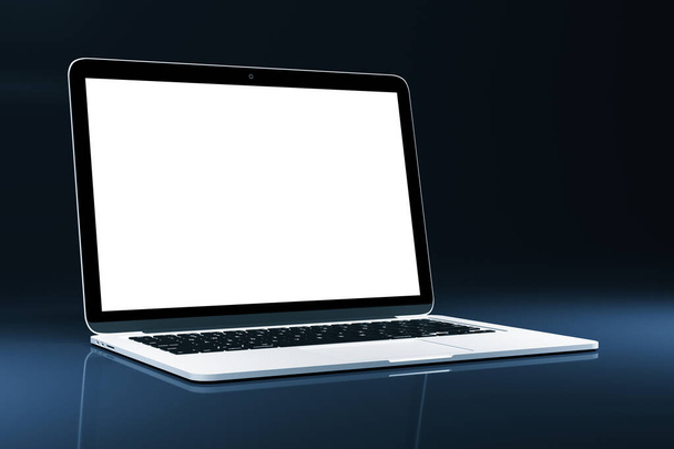 Close up of blank white laptop screen on gray background. Technology, communication and programming concept. Mock up, 3D Rendering - Foto, Imagem