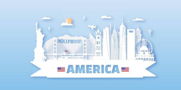 USA America Viaggi cartolina, poster, tour pubblicitari di monumenti di fama mondiale. Illustrazioni dei vettori
 - Vettoriali, immagini
