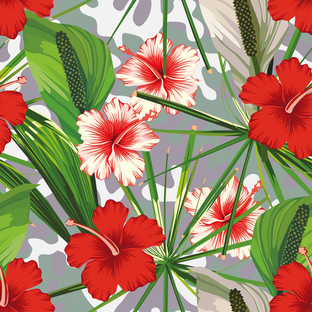 Red and white hibiscus flowers with green leaves on camo background. Vector pattern seamless illustration - Wektor, obraz