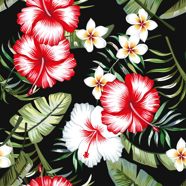 Red and white hibiscus flower on a background of palm leaves and plumeria in a trendy green vector style. Hawaiian tropical natural floral seamless pattern - Vector, imagen