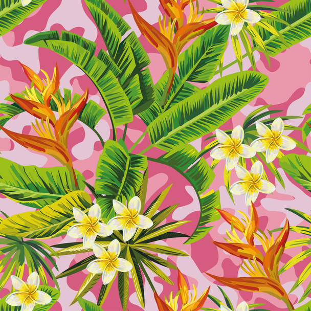 Tropical exotic plumeria flowers with green leaves of banana palm on a  pink camo background. Seamless pattern. fashion trendy summer wallpaper - Vector, Imagen