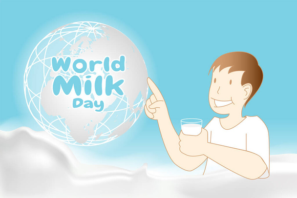 Giornata mondiale del latte lettering. Concetto un ragazzo tenere vetro di latte e ondulazione sullo sfondo ciano terra, disegno illustrazione
. - Vettoriali, immagini