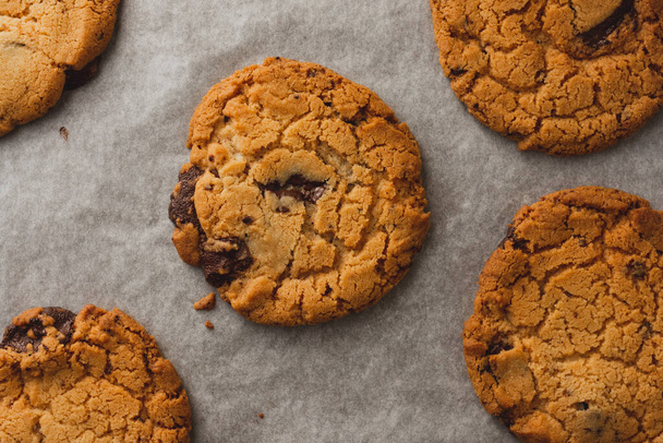 Freshly baked chocolate chip cookies on baking parchment viewed from the top down - Fotoğraf, Görsel