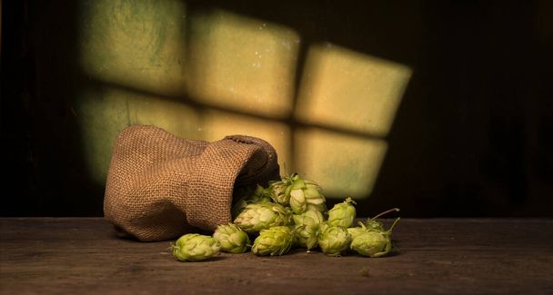 Fresh green hops on a wooden table - Photo, Image
