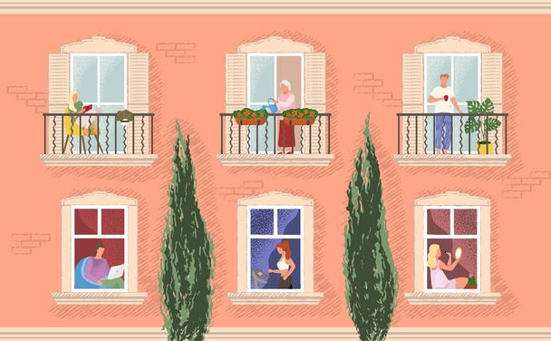 Fasáda budovy s okny a lidmi žijícími uvnitř. Muži a ženy čtou, pijí ranní kávu, cvičí, zalévají rostliny. Koncept sousedů v karanténě. Vektorová ilustrace - Vektor, obrázek