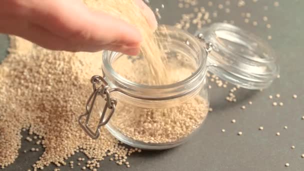 Valkoinen raaka kvinoa lasipurkissa - Materiaali, video