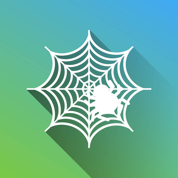 Spinne auf Webillustration. Weiße Ikone mit grauem Schatten auf grünem bis blauem Hintergrund. - Vektor, Bild