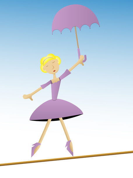 Mujer en vestido púrpura sosteniendo paraguas caminando en la cuerda floja
 - Vector, imagen