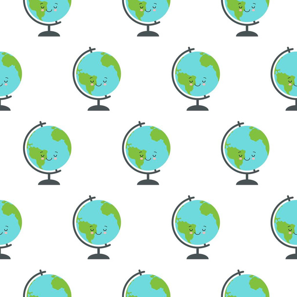 Seamless pattern with cute chaeacter earth globe with stand isolated on white background. World map. Earth icon. Kawaii style - Vetor, Imagem