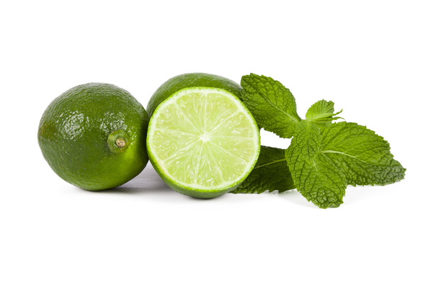 Limes with mint leaves on white background - Foto, Imagem