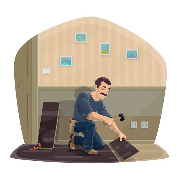 Laminate flooring service. Cartoon worker with hammer and tools sitting on floor fitting a laminate pieces. Construction industry, handyman business. Home renovation and repair works - Vector, Image