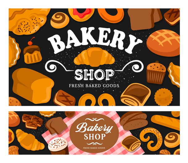 Kenyér és pékáru vektor. Baker shop sütni bagel és zsemle választék. Friss és ízletes rozs édes desszert fánk, kenyér, croissant és baguette, perec és sütemény - Vektor, kép