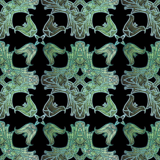織物のタペストリーの花のシームレスなパターン。ベクター刺繍の背景。グランジの繰り返しの背景。刺繍された民族スタイルの花、葉、ジグザグライン、 Grungy華やかな緑の装飾品。無限のテクスチャ - ベクター画像