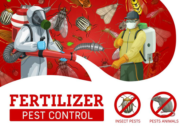 Pracovníci na hubení škůdců rozprašují insekticidy proti hmyzu a hlodavcům. Vektorové deratizátory v chemickém ochranném obleku a masce s tlakovým postřikovačem nebo studeným mlžným postřikovačem. Hmyz a vyhlazování zvířat - Vektor, obrázek