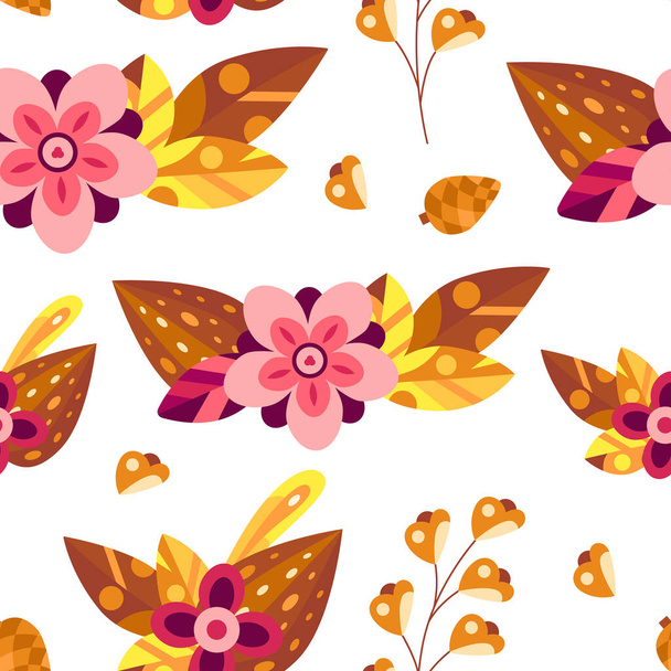 Autumn seamless pattern with flowers and leaves in decorative flat style. Background for textile, wallpapers, gift paper. Vector season illustration on white - Wektor, obraz