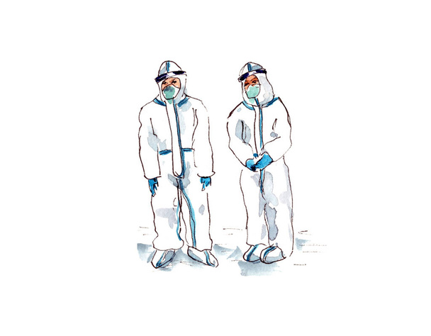 handgezeichnete Aquarell-Illustration. Figur des Arztes im weißen Schutzanzug gegen die Ausbreitung der Infektion - Foto, Bild