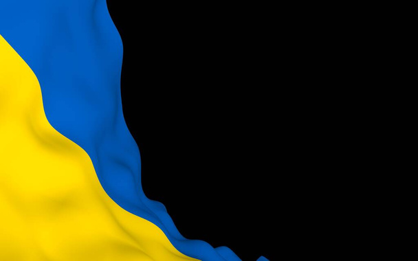 The flag of Ukraine on a dark background. National flag and state ensign. Blue and yellow bicolour. 3D illustration waving flag - Fotoğraf, Görsel