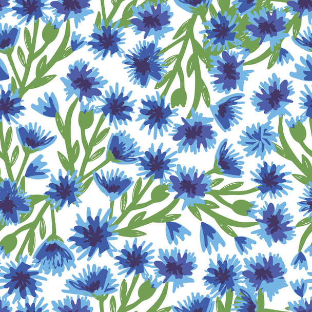 Seamless pattern with bright blue cornflowers. Suitable for fabric, t-shirts, bed linen, packaging, napkins, postcards, backgrounds, knitwear, textiles. - ベクター画像