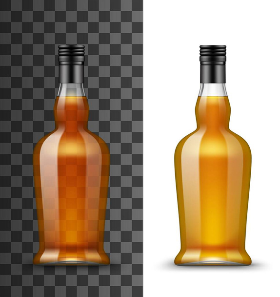 Alcohol drink glass bottle isolated vector mockup. Transparent blank curved closed bottle with brown liquid of cognac, whiskey or brandy, gin, rum and scotch, bourbon drink - Vector, Image