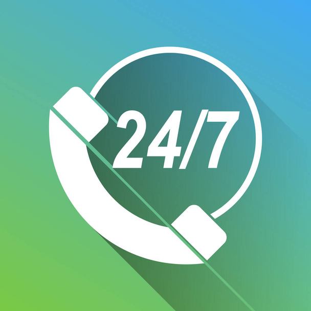 Support 24 hours sign. White Icon with gray dropped limitless shadow on green to blue background. - Vector, Image