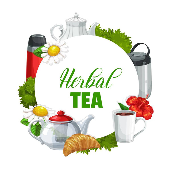 Квітковий і трав'яний чай. Векторний чорно-зелений чай заварюють у чашці з чайником та порцеляною чашкою. Гарячий напій з ароматами гібіскусу, м'яти або меліси та ромашки. Круасан, вакуумна колба, плакат або кругла рамка
 - Вектор, зображення