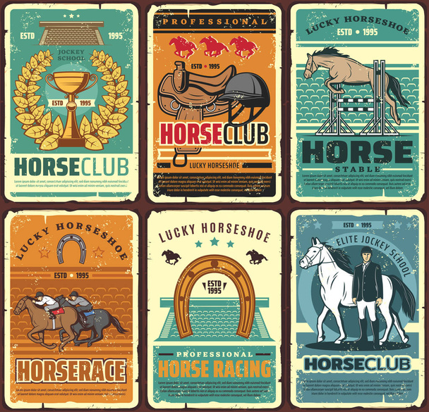 Ιππασία και ιππασία ιππόδρομο vintage αφίσες. Διάνυσμα ιππασίας ελίτ jockey σχολείο. Ιππασία κάρτες ρετρό με τυχερό πέταλο, χρυσό κύπελλο, σέλα - Διάνυσμα, εικόνα