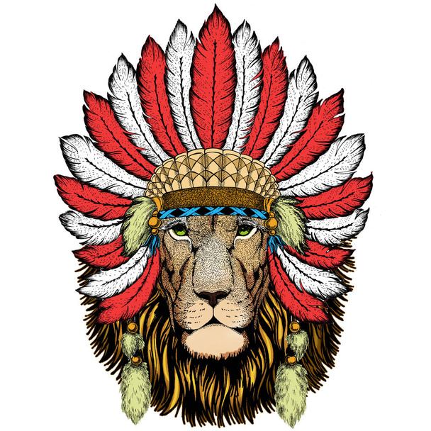 Lion head. Wild animal portrait. Face of african cat. Indian headdress with feathers. Boho style. - Vector, Image