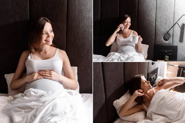 Collage einer fröhlichen schwangeren Frau, die eine Tasse in der Hand hält und mit dem Smartphone spricht, während sie sich im Schlafzimmer dehnt - Foto, Bild