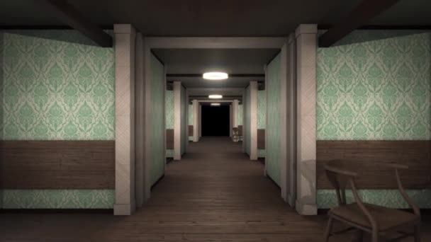 Régi folyosó sötét véggel. Animáció. Haladunk előre a folyosón a régi belső és lineáris világítással a sötétbe a végén. Félelmetes folyosó, mint a játék - Felvétel, videó